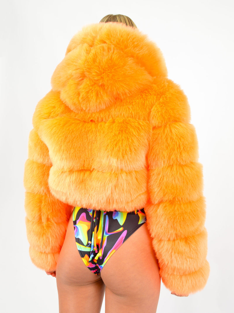 Festival Rave Outfit Neon Orange Hooded Cropped Faux Fur Coat