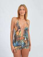Backless Halterneck Top in Blue Animal Print