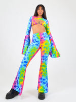 Flared Trousers with Scrunch Bum in Rainbow Cow Print