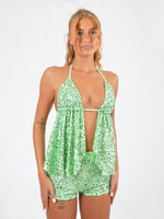 Backless Halterneck Top in Green Sequin