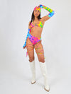 Strappy High Waist Bikini Bottoms in Rainbow Cow Print