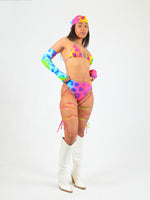 Strappy High Waist Bikini Bottoms in Rainbow Cow Print