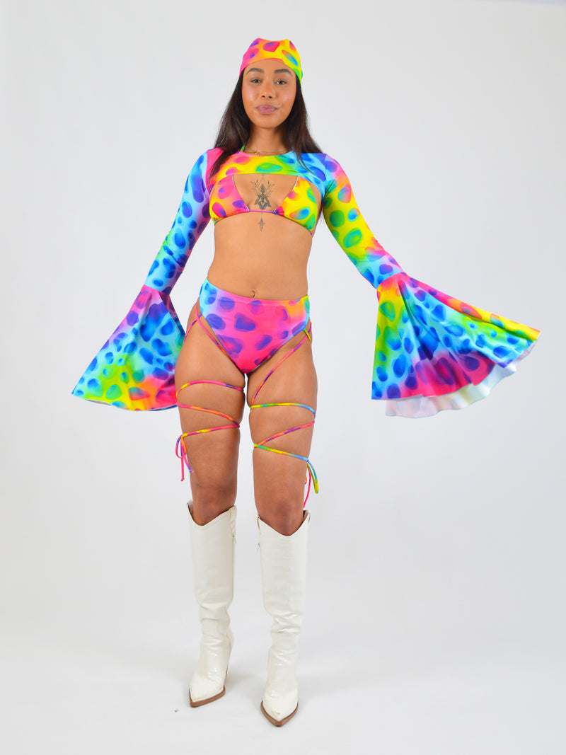 Triangle Bikini Top with Removable Padding in Rainbow Cow Print