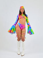 Strappy High Waist Bikini Bottoms in Rainbow Cow Print