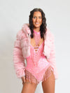 Baby Pink Hooded Cropped Faux Fur Coat