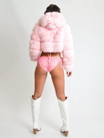 Baby Pink Hooded Cropped Faux Fur Coat