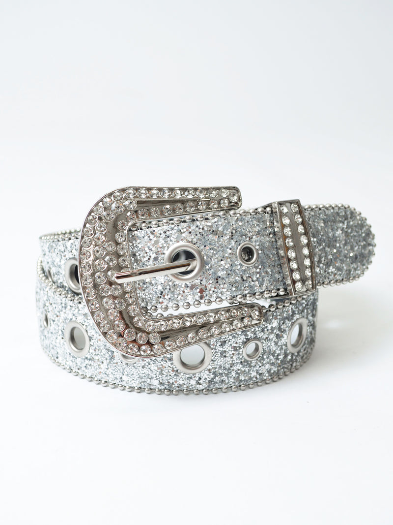 Silver Glitter Diamante Buckle Belt