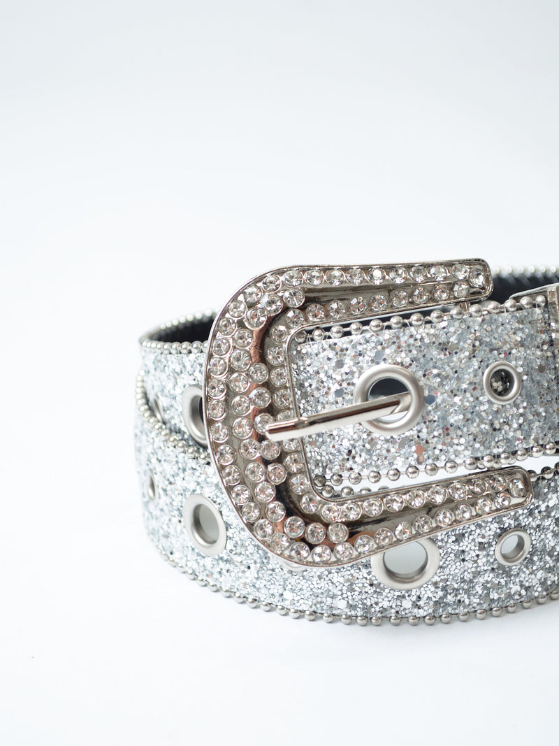 Silver Glitter Diamante Buckle Belt