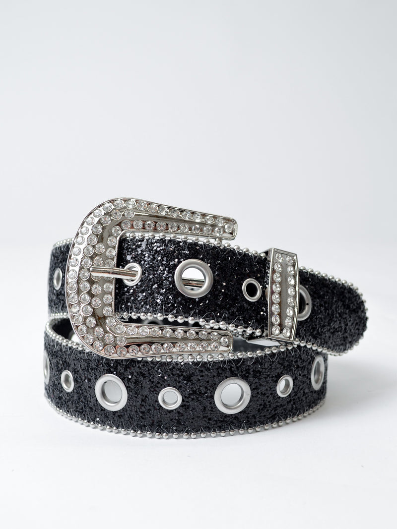 Black Glitter Diamante Buckle Belt