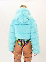 Aqua Blue Hooded Cropped Faux Fur Coat