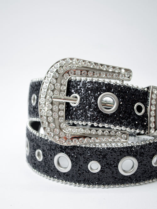 Black Glitter Diamante Buckle Belt