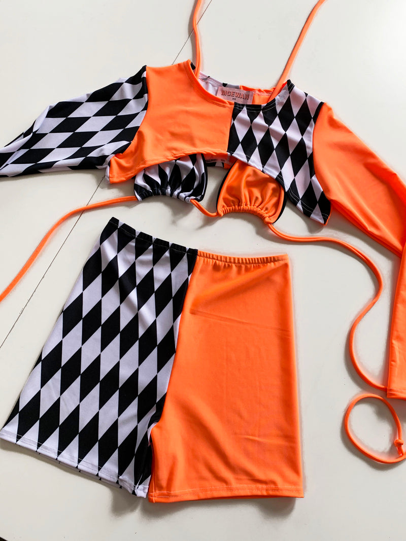 Festival Outfit | SHORTS CO-ORD - HARLEQUIN & ORANGE.